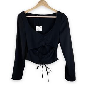 NWT Zara Black Long Sleeve Ruched Top Cut-Out Cropped Front Tie Size S